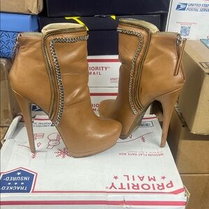 bebe Camel Heeled Boots with Chain Detail